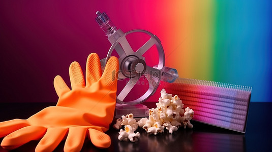 电影海报背景图片_彩色3D眼镜影院场记板和病毒防护装备