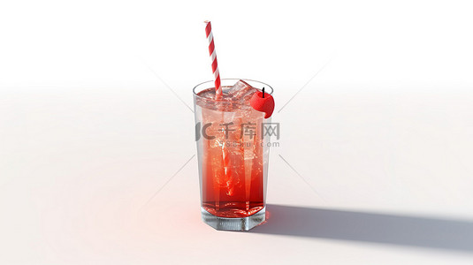 饮品背景图片_3D 渲染的红色热带鸡尾酒，在干净的白色背景上配有吸管