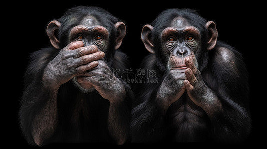 闭着眼睛背景图片_黑色背景隔离站立的黑猩猩猴子 3d 闭着眼睛说明