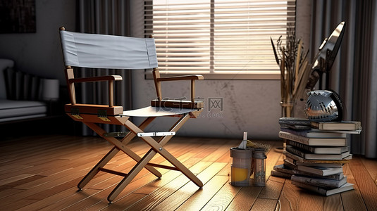 3D 渲染中配有导演椅电影拍板和扩音器的木地板