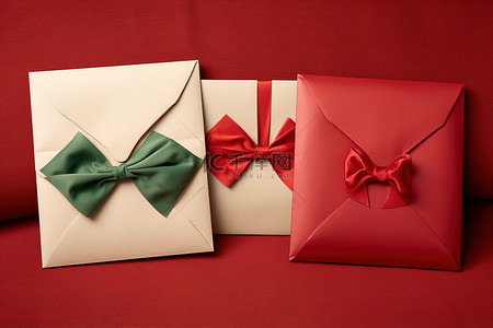 冬天背景图片_四个红色和绿色的信封，枕头上有蝴蝶结