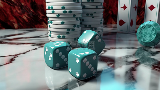 大理石绿松石背景 A 扑克牌和红色骰子的 3D 渲染非常适合赌博概念设计