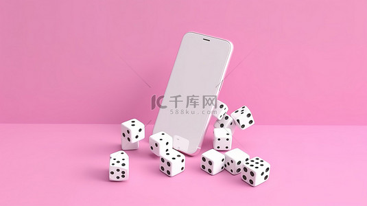 极简主义风格的白色骰子和触摸屏智能手机在 3D 渲染中漂浮在柔和的粉红色背景之上，非常适合游戏和广告