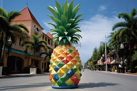 街上有棕榈树和椰子树的菠萝