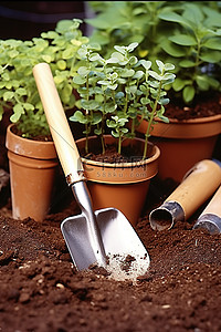 种植工具背景图片_园林工具 工具和花盆都用于准备种植土壤
