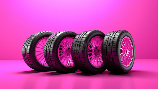 粉红色背景与汽车轮胎的 3d 渲染
