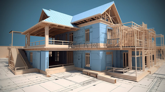 工地施工图背景图片_在建房屋的详细 3D 渲染，包括技术规格和蓝图覆盖