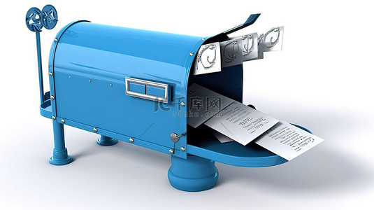 白色背景的 3D 插图，带有开放的蓝色邮箱和信件