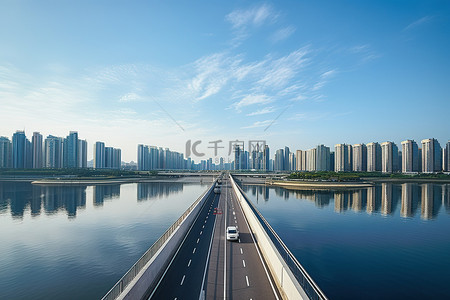 边境界碑背景图片_首尔边境湖上的两条高速公路和建筑物