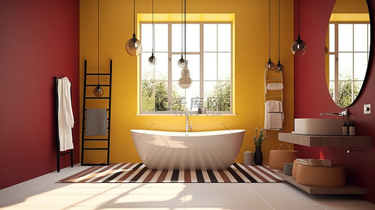 3D 渲染浴室设计，采用现代黄色和酒红色色调的融合，配有窗户