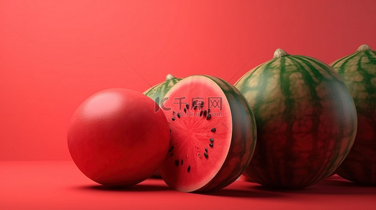 红色背景上西瓜的简约 3D 渲染完美适合夏季概念和元素