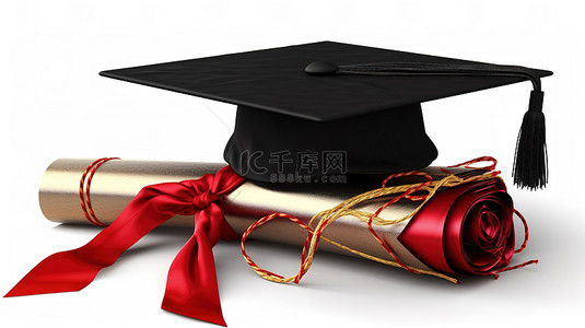 孤立的白色背景上的毕业帽和横幅的 3D 插图