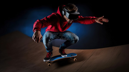 游戏进行中背景图片_专家男性滑板运动员沉浸在虚拟现实中，骑着他的滑板并进行 3D 游戏