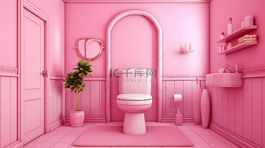 浴室背景图片_带衣柜和卫生间的 3D 粉色瓷浴室厕所插图