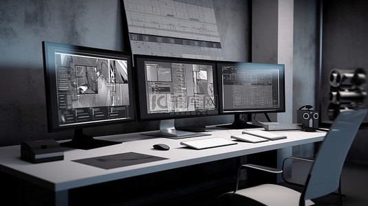 在 3d 渲染的工业工作区中显示在计算机屏幕上的图形设计软件