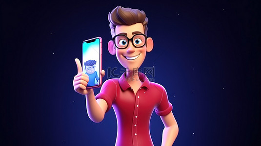 动画男性人物指向智能手机 3D 渲染上的社交媒体表情符号