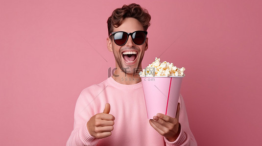 微笑的家伙拿着爆米花盒，戴着 3D 眼镜在粉红色背景下的“好吧好吧”标志前竖起大拇指