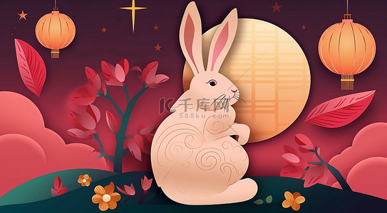 月饼背景图片_中秋节兔子红色
