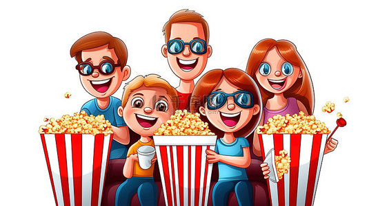 快乐的家庭戴着 3D 眼镜，分享爆米花桶，同时在白色隔离的电影院欣赏电影