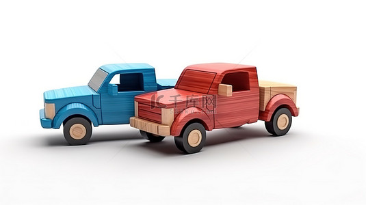白色背景设计中红色和蓝色木制拾取汽车的 3D 插图