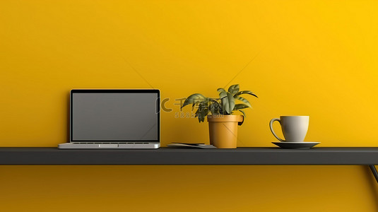 黄色墙壁的真实 3D 渲染，配有笔记本电脑屏幕咖啡杯和桌子上的植物