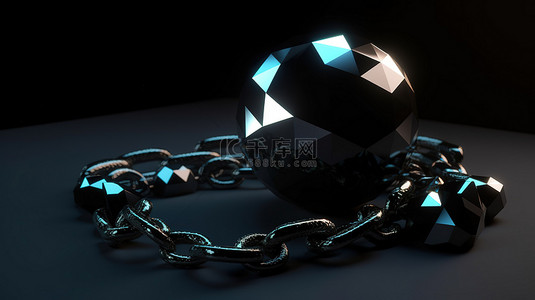 几何手镯在 3D 渲染中的黑色人造手上拥抱白色虹彩球