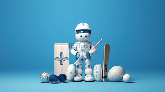 苏格兰板球队在 3D 渲染中与蓝色背景上的比赛装备
