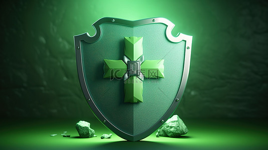 用于健康保险保护和保证的绿色盾牌上白色加号的 3d 插图