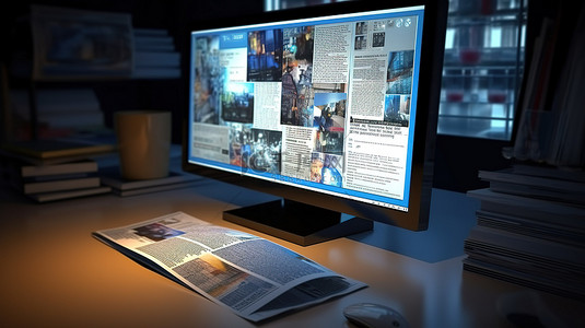 技术交流背景图片_在屏幕上显示新闻的计算机显示器的 3D 渲染