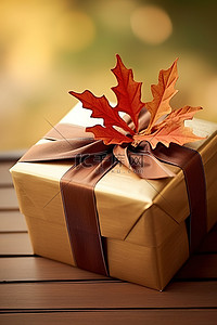 带红色蝴蝶结和棕色秋天彩色叶子的盒子
