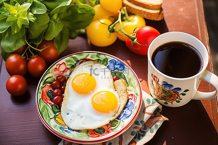 咖啡杯旁边放着一个装有鸡蛋和蔬菜的盘子