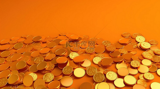 3d 金币层叠在充满活力的橙色背景上，是财富和财富的象征