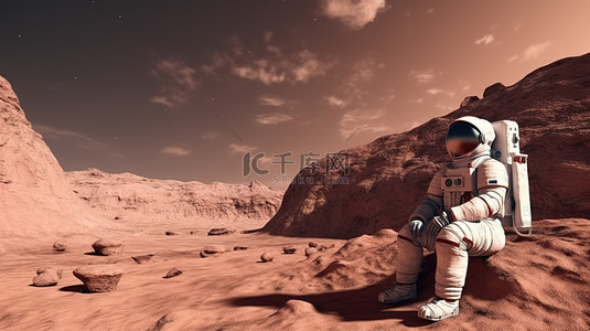 宇航员在火星地形上放松，在令人惊叹的太空背景 3D 艺术品中