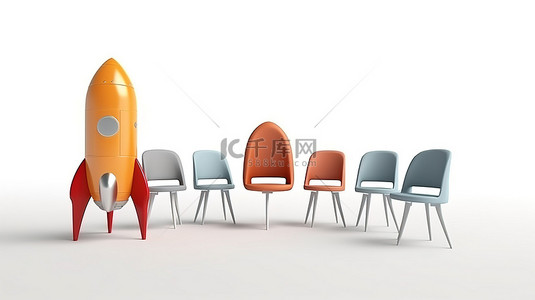 被椅子包围的创新火箭和在白色背景上呈现的 3d 创意符号