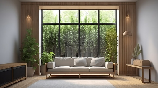 室内场景 3D 渲染，框架模型从沙发后面的木制控制台花园看客厅的后视图