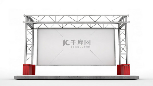 白色背景的 3D 渲染与金属桁架建筑系统支持空白广告户外横幅和空讲台