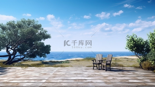 蓝天海洋背景图片_老式木甲板的风景，俯瞰海洋和清澈的蓝天，3D 渲染在郁郁葱葱的草地上设有质朴的木椅