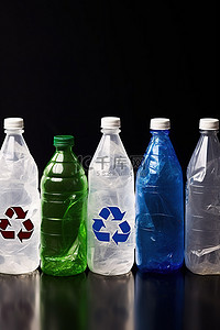 五个带有回收标志的塑料瓶