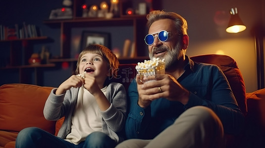 爸爸和儿子在家享受爆米花 3D 电影之夜