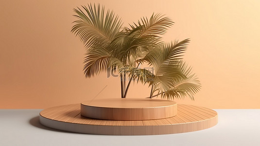 3D 渲染中木质平台讲台上有棕榈树的演示背景