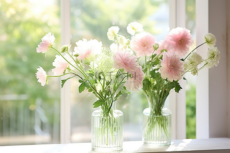 漂浮白色花背景图片_白色或粉色的花朵漂浮在窗户附近的透明玻璃中