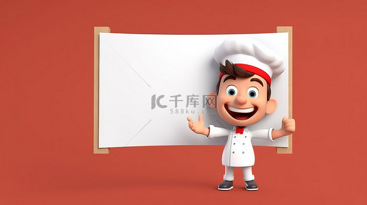 房动画背景图片_动画厨师与空白横幅和菜单模型快乐地微笑