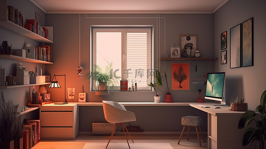 家庭办公室设置的 3D 插图，配有电脑桌装饰和办公用品