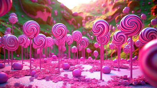 可爱卡通框架背景图片_甜美的粉色棒棒糖糖果世界卡通 3D 渲染图像