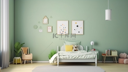 儿童风格风格背景图片_斯堪的纳维亚风格的儿童卧室，绿墙上有 3D 渲染的模拟海报框架