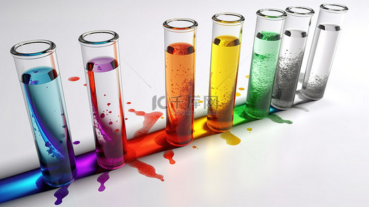 化学粉背景图片_白色背景下 3d 渲染试管中充满活力的彩色液体