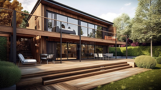 甲板背景图片_一个豪华的家，有一个巨大的木甲板和广阔的草坪 3D 可视化