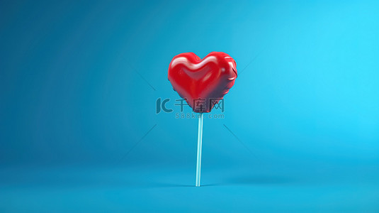 甜美背景背景图片_爱的象征 3D 在蓝色背景上渲染红心棒棒糖