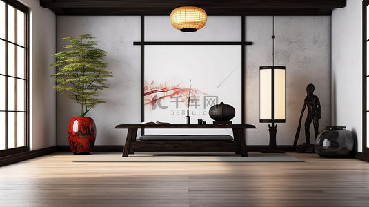 日式插花艺术背景图片_现代日式客厅概念，配有时尚的灯艺术框架和木地板上别致的黑色矮桌，以及 3D 创建的白色墙壁