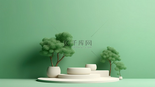 化妆品背景图片_具有绿色背景的最小 3D 讲台，用于展示化妆品或美容产品，具有树木和文本高质量渲染的空间